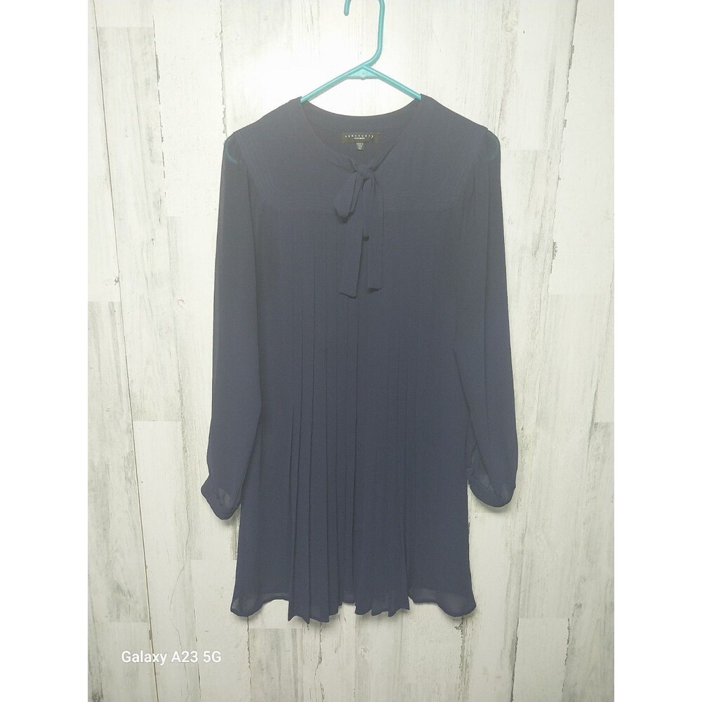 Sactuary Long Sleeve Chiffon Pleated Shift Mini Dress XS Navy Blue